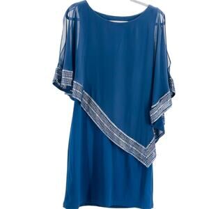 SLNY sz 8 M navy blue metallic strip capelet boat neck sheath dress B39 *flaw